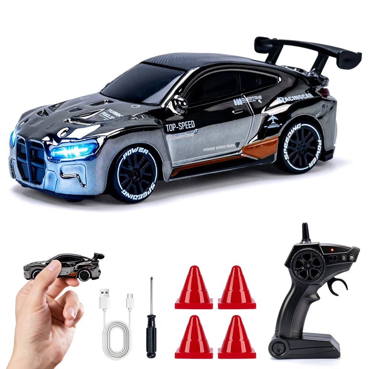 Coche Mini Drift Pro 4x4 modelo Cromo Negro con control, cable USB-C y conitos