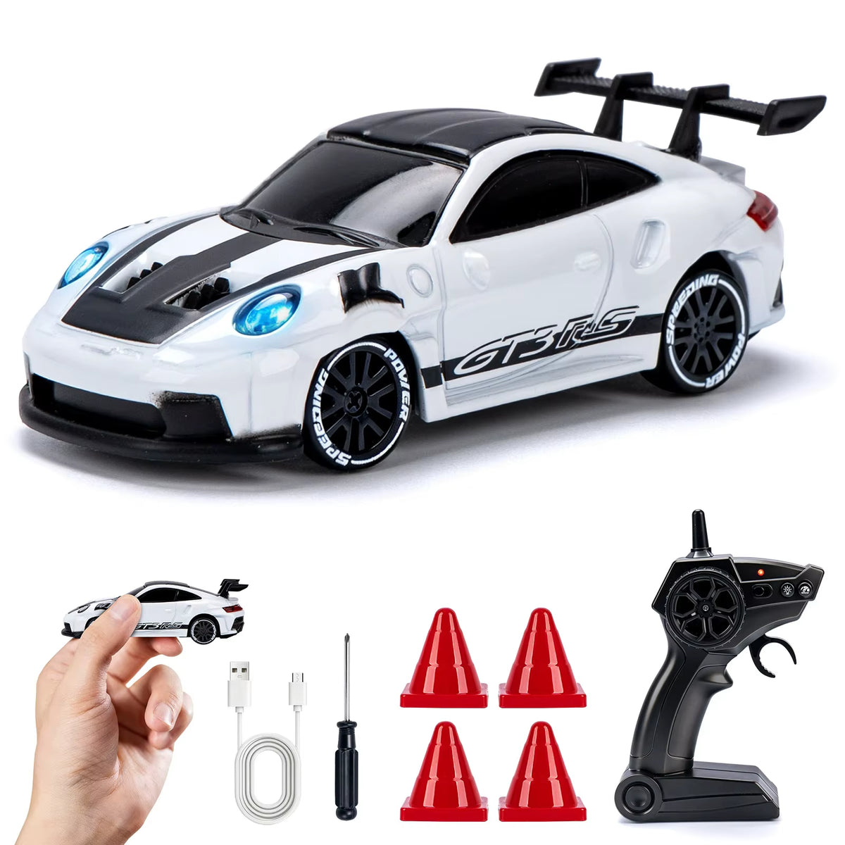 Coche Mini Drift Pro 4x4 modelo GT Blanco con control, cable USB-C y conitos