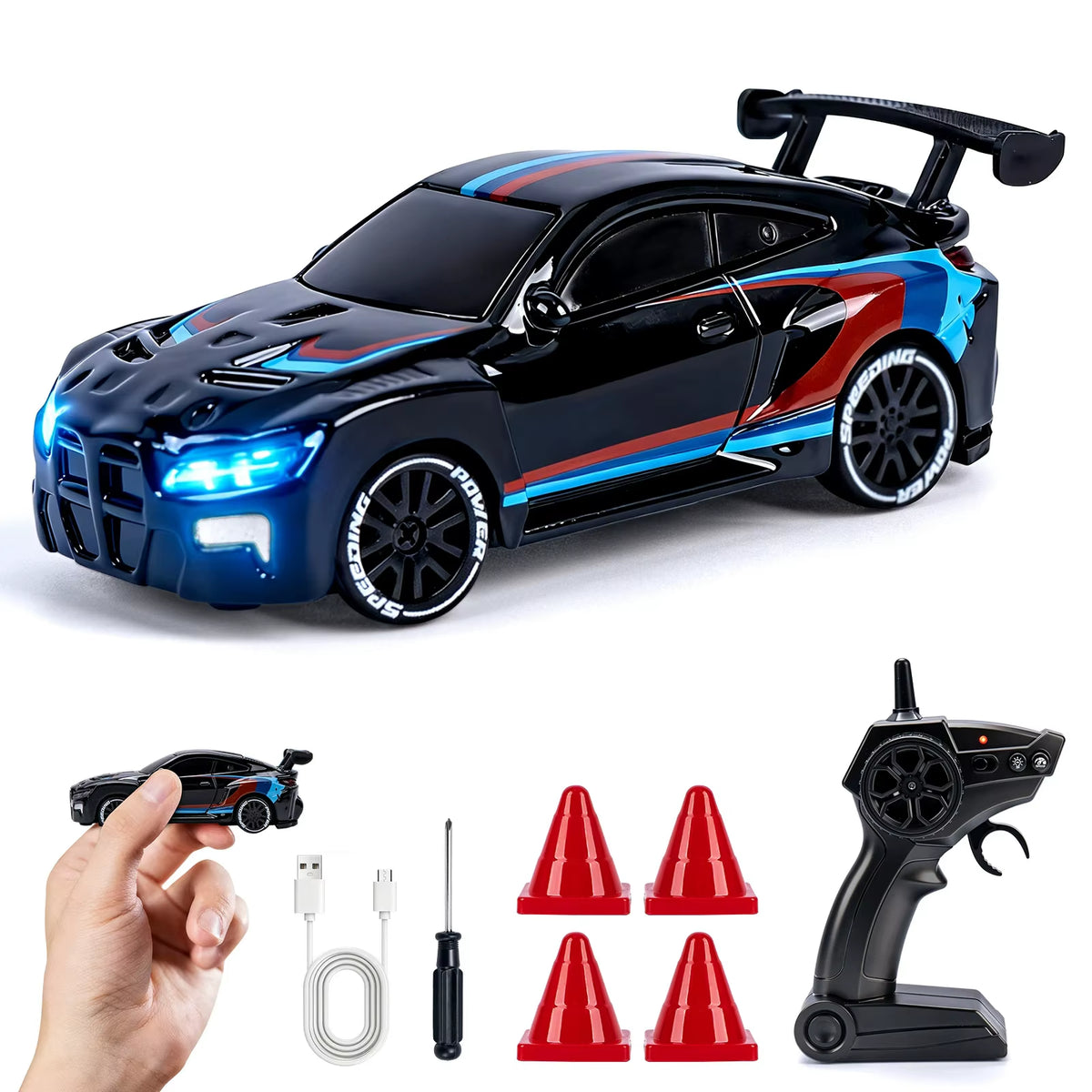 Coche Mini Drift Pro 4x4 modelo Sombra Azul con control, cable USB-C y conitos