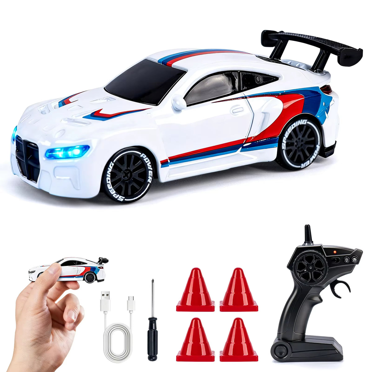 Coche Mini Drift Pro 4x4 modelo Blanco Racing con control, cable USB-C y conitos