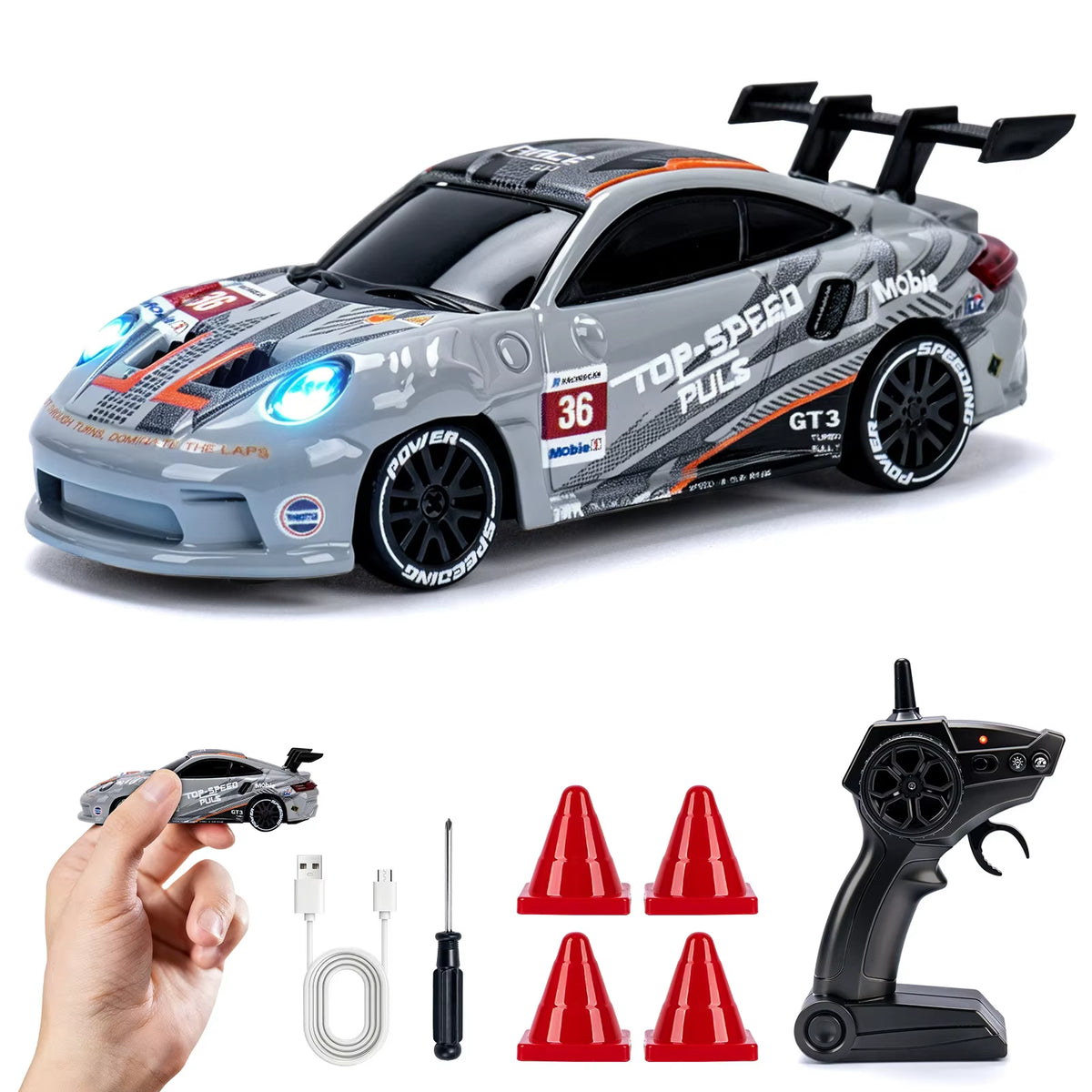 Coche Mini Drift Pro 4x4 modelo GT Plata con control, cable USB-C y conitos