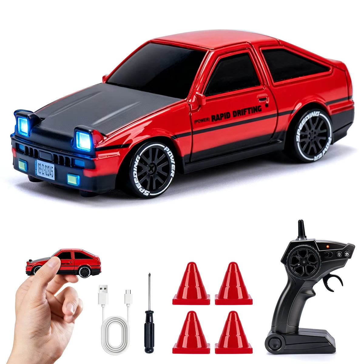 Coche Mini Drift Pro 4x4 modelo Clásico Rojo con control, cable USB-C y conitos