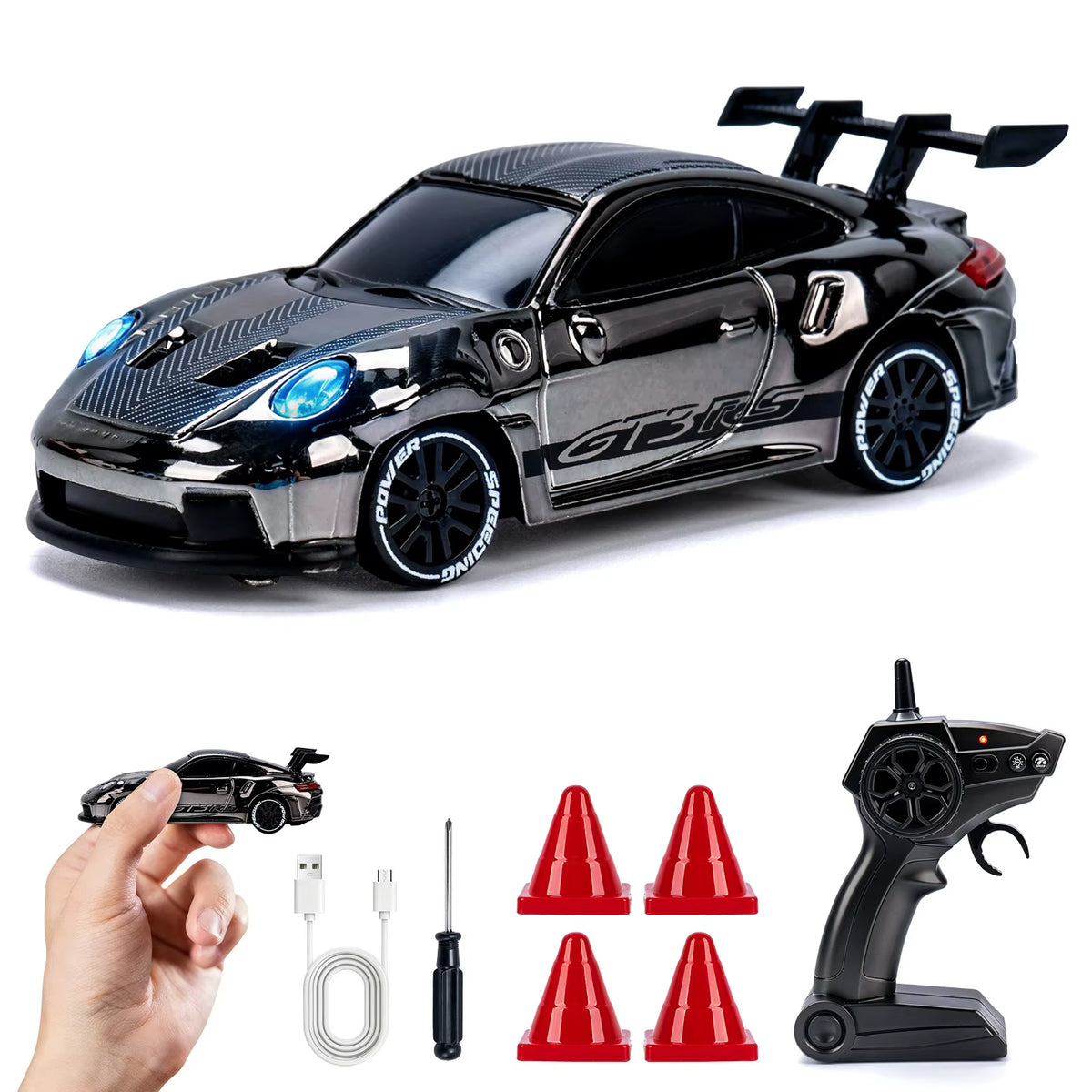 Coche Mini Drift Pro 4x4 modelo GT Carbono con control, cable USB-C y conitos