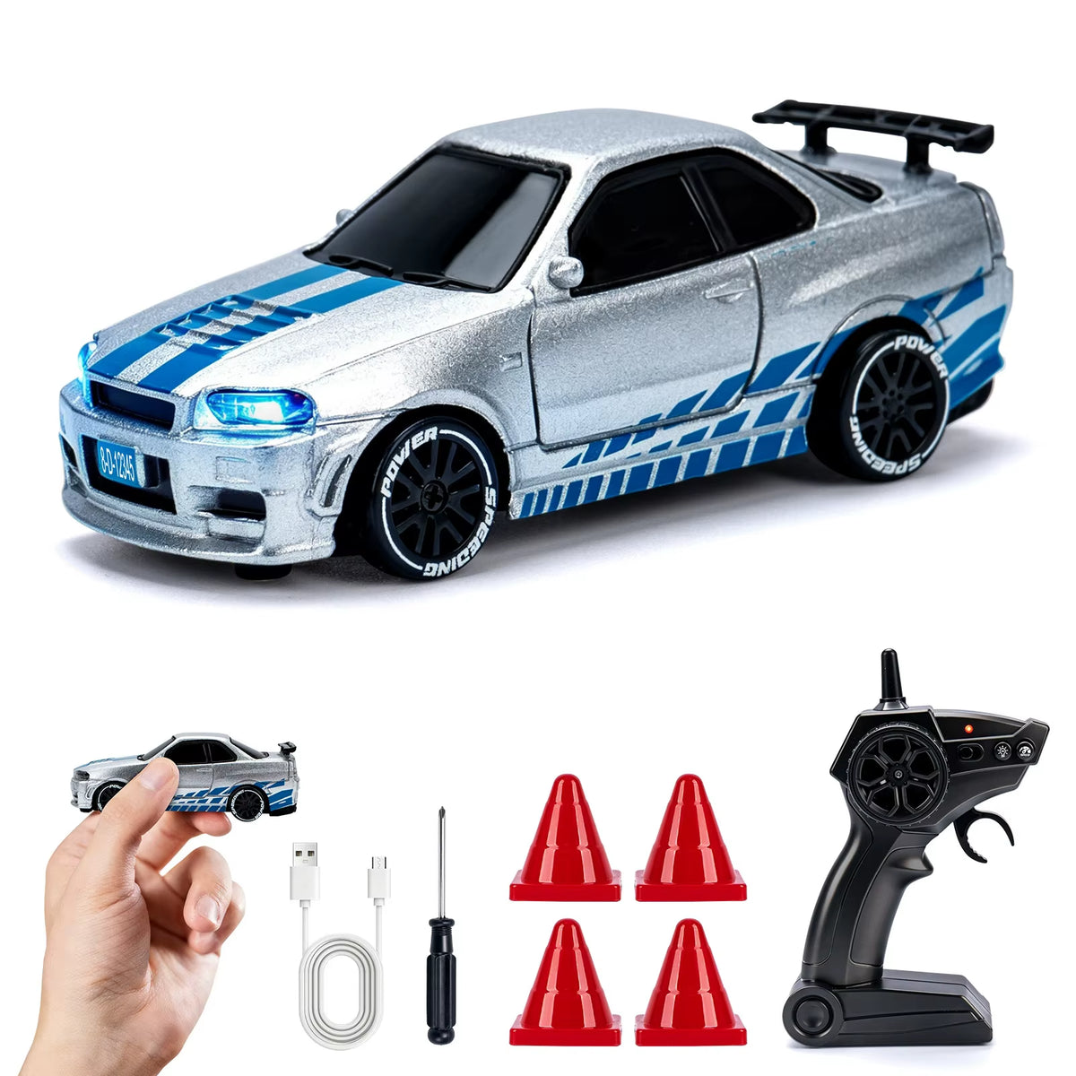 Coche Mini Drift Pro 4x4 modelo Plata Street con control, cable USB-C y conitos
