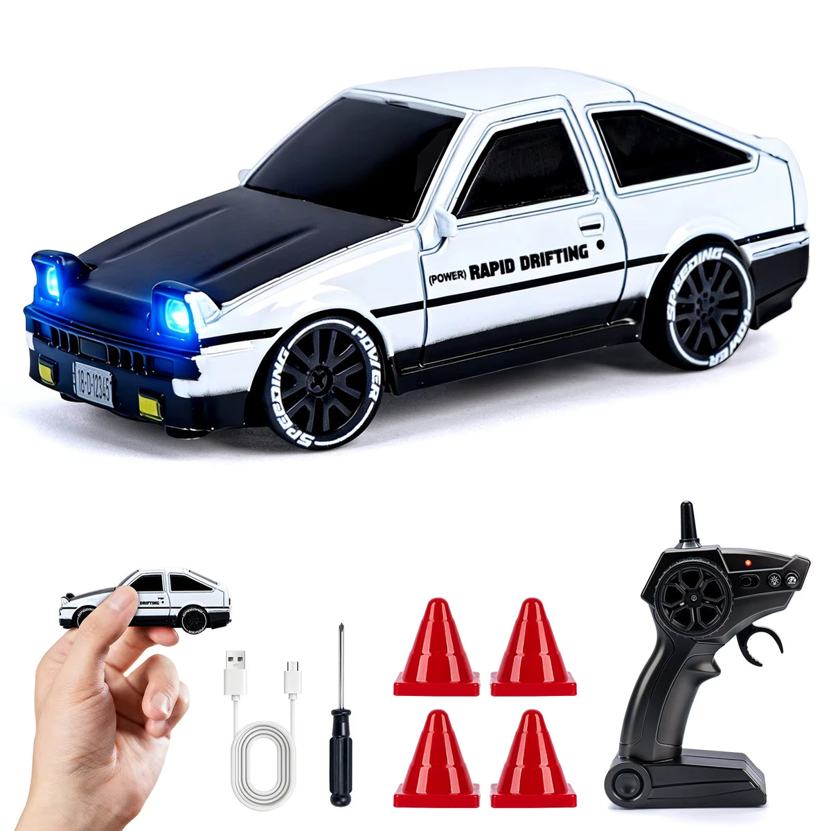 Coche Mini Drift Pro 4x4 modelo Clásico Blanco con control, cable USB-C y conitos