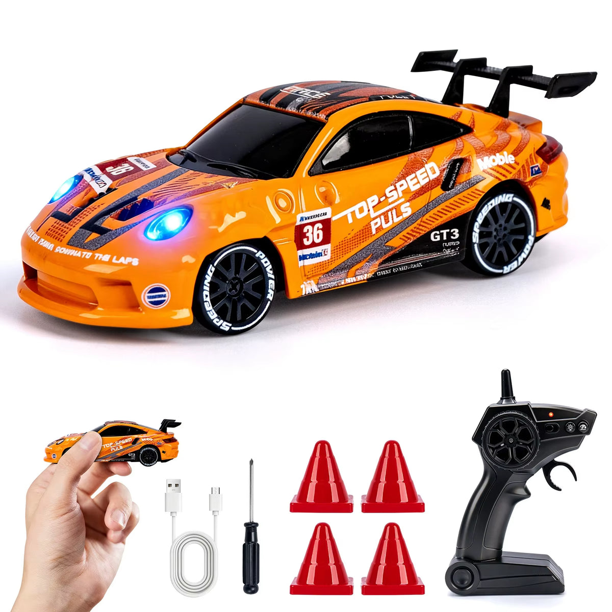 Coche Mini Drift Pro 4x4 modelo GT Naranja con control, cable USB-C y conitos